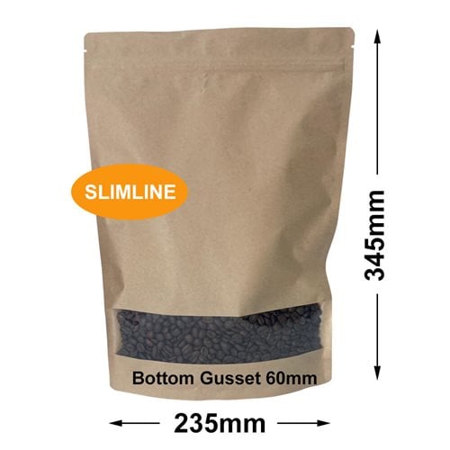 Slimline Kraft Paper Pouch Bags with Window 235x345mm & 60mm Bottom Gusset (Qty:100) - dimensions