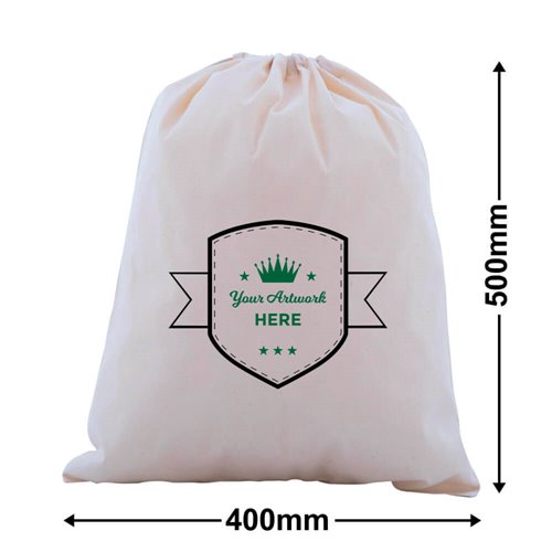 Custom Printed 2 Colours 2 Sides XL Calico Drawstring Bags - dimensions