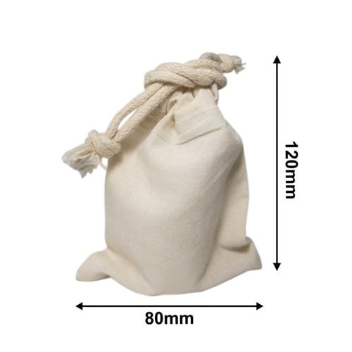 Drawstring Calico Bags 120x80mm | Natural Calico (Qty:50) - dimensions