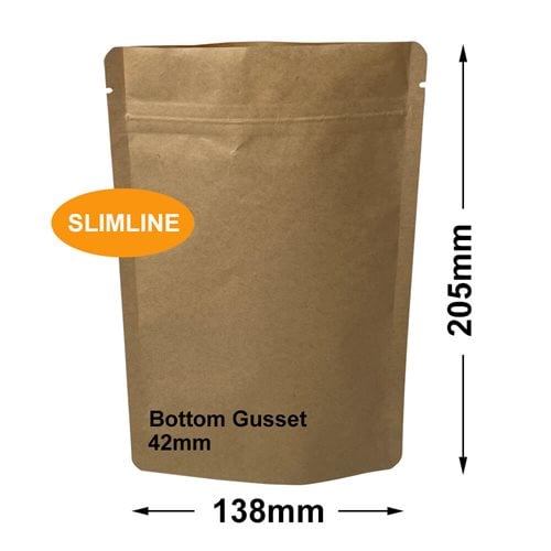 Slimline Kraft Paper Pouch Bags 138x205mm & 42mm Bottom Gusset (Qty:100) - dimensions
