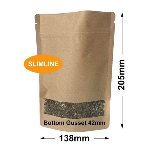 Slimline Kraft Paper Pouch Bags with Window 138x205mm & 42mm Bottom Gusset (Qty:100) - dimensions