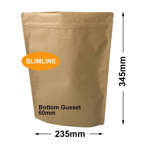 Slimline Kraft Paper Pouch Bags 235x345mm & 60mm Bottom Gusset (Qty:100) - dimensions