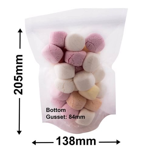 Clear Pouch Bags 138x205mm & 84mm Bottom Gusset (Qty:100) - dimensions