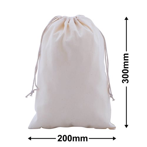 Drawstring Calico Bags 300x200mm | Natural Calico (Qty:50) - dimensions