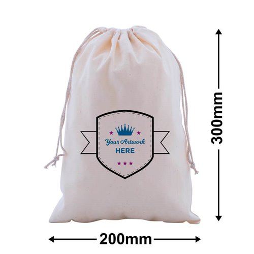 Custom Printed Calico Drawstring Bags 300x200mm 3 Colours 2 Sides - dimensions