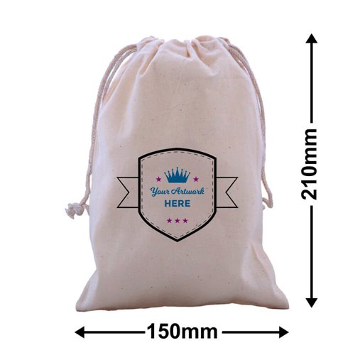 Custom Printed 3 Colours 2 Sides Calico Drawstring Bags 210x150mm - dimensions