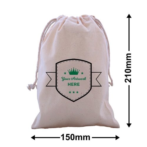 Custom Printed 2 Colours 2 Sides Calico Drawstring Bags 210x150mm - dimensions