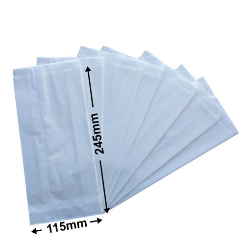 Flat White Paper Bags Size 2 115x245mm & 50mm Gusset (Qty:500) - dimensions