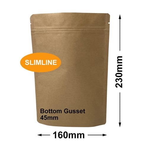 Slimline Kraft Paper Pouch Bags 160x230mm & 45mm Bottom Gusset (Qty:100) - dimensions