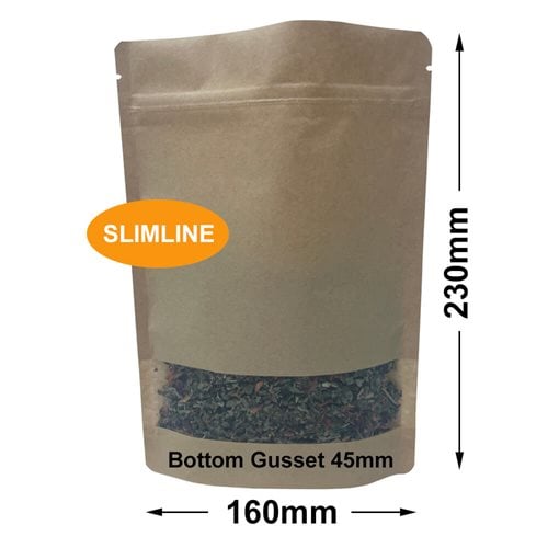 Slimline Kraft Paper Pouch Bags with Window 160x230mm & 45mm Bottom Gusset (Qty:100) - dimensions