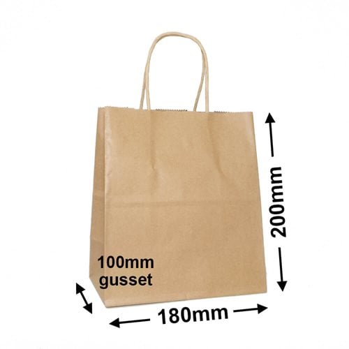 Brown Paper Carry Bags 180x200mm (Qty:500) - dimensions