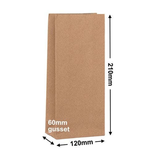 Brown Paper Grocery Bags Size 1 120x210mm & 60mm Gusset (Qty:500) - dimensions