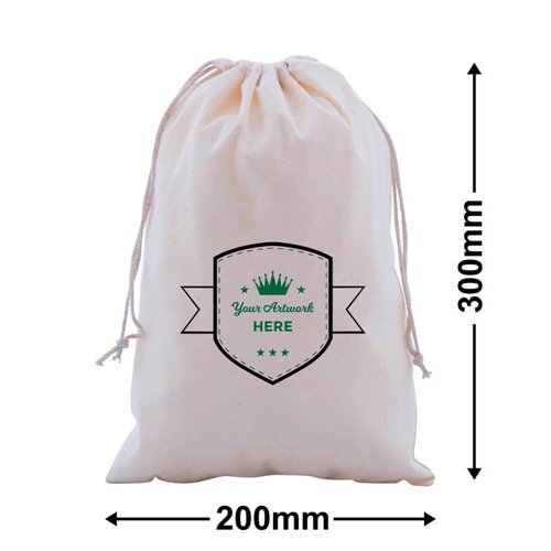 Custom Printed Calico Drawstring Bags 300x200mm 2 Colours 2 Sides - dimensions