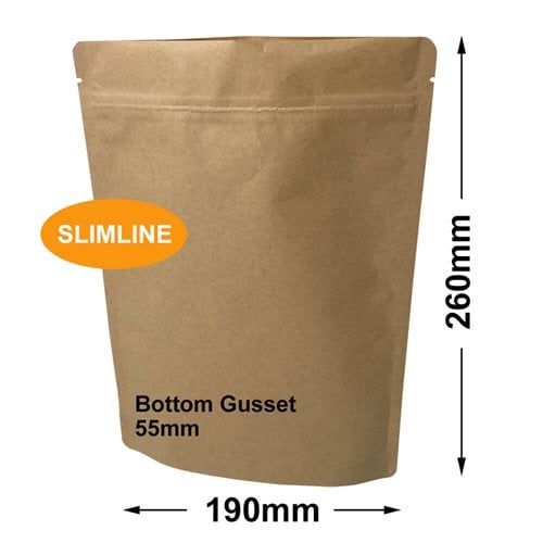 Slimline Kraft Paper Pouch Bags 190x260mm & 55mm Bottom Gusset (Qty:100) - dimensions