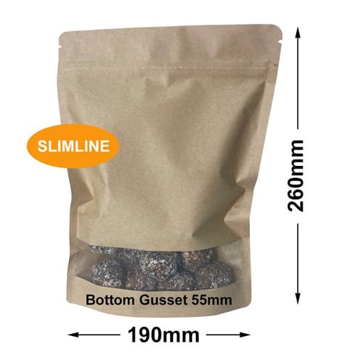 Slimline Kraft Paper Pouch Bags with Window 190x260mm & 55mm Bottom Gusset (Qty:100) - dimensions